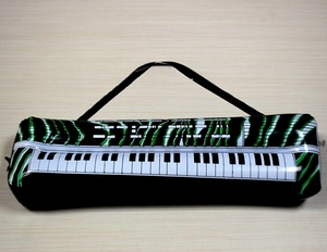 Close-up of inflatable PVC keytar toy with green zebra stripes on light wood background