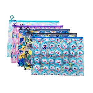 Stack of four colorful PVC zipper pouches featuring various cute cartoon patterns
