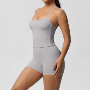 Detail view of double-sided brushed yoga top and high-waisted shorts in light grey