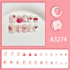 Pink strawberry and floral cartoon press-on nails set with 24 pieces of sweet nail art