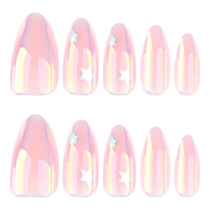 Pink and purple gradient almond press-on nails with silver star designs and aurora finish