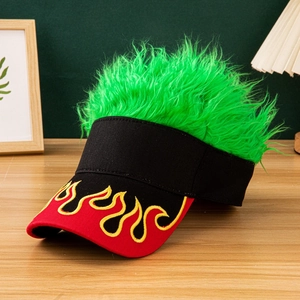 Black visor cap with flame embroidery and green hair wig on top for casual wear