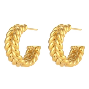Minimalist gold-tone twisted rope hoop earrings with woven texture for women