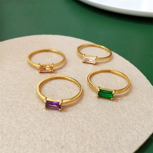 Minimalist Gold Plated Stainless Steel Rectangular Rhinestone Ring For Women Colorful Square Stone Fashion Jewelry Gift