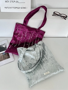 Velvet tote bag with pearl pendant and vertical stripes in purple and silver grey