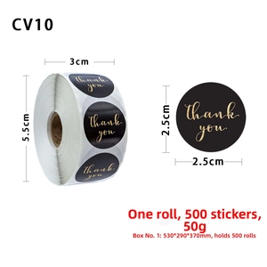 Detail of 1-inch black and gold Thank You stickers roll for bakery packaging