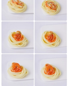 Vue détaillée macro de modèles de pâtes artificielles réalistes avec sauces et garnitures