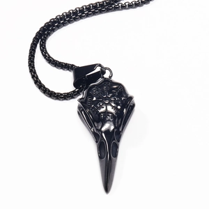 Vintage Viking stainless steel raven skull pendant necklace with Vegvisir compass engraving