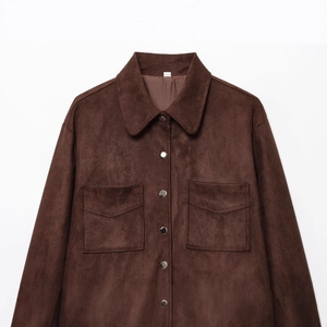 Deep brown faux suede jacket for women featuring classic lapels and metal snap buttons