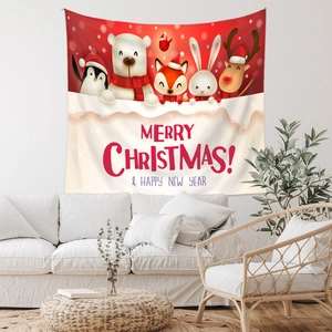 Christmas tapestry with cartoon animals on wall above sofa in a cozy room setting