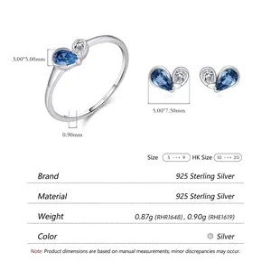 S925 sterling silver ring and earring set with teardrop blue and round white zircons