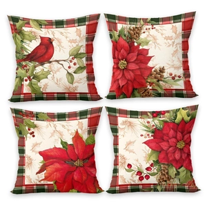 Set of 4 Christmas pillow covers with cardinal birds, poinsettia and plaid borders