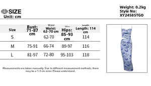 Size guide with detailed measurements for the printed waist-hollow maxi beach dress