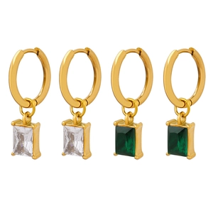 Gold-plated hoop earrings with rectangular zircon pendants in white and emerald green