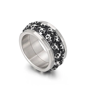 Men Skull Head Spinner Ring Stainless Steel Rotatable Double Row Gothic Punk Rock Biker Band Jewelry Vintage Blackened