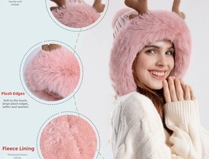 Close-up of pink deer antler knit hat with thick fleece lining and faux fur trim detail