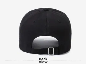 Detail view of black cotton baseball cap back featuring an adjustable silver metal buckle
