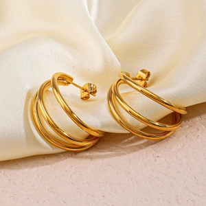 Chic 18K gold plated stainless steel C-shaped triple layer hoop earrings for women