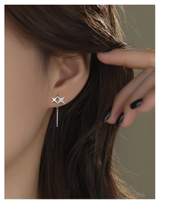 Detailed close-up of a model wearing asymmetrical silver star drop earrings with long tassels