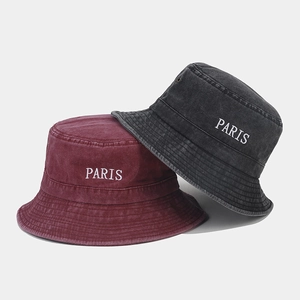 Retro washed cotton bucket hats with PARIS embroidery in burgundy and charcoal grey colors