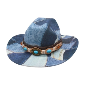Western style patchwork denim cowboy hat with leather band and turquoise stone inlays