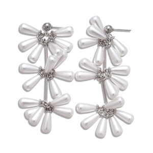 Elegant silver tassel earrings with baroque white teardrop pearls in a cluster design