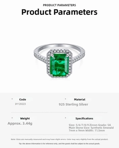 Macro shot of 925 sterling silver ring with 7x9mm emerald-cut synthetic gemstone