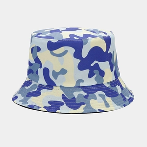 Detailed close-up of blue camo bucket hat showing canvas texture and clean stitching