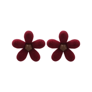 Elegant deep red flocked flower stud earrings with a vintage velvet finish for women