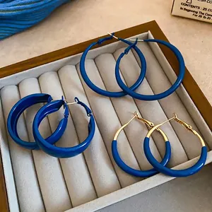 Klein Blue Hoop Earrings For Women Minimalist Lacquer Alloy Jewelry With 925 Sterling Silver Earring Post