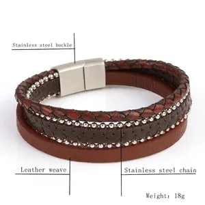 Multilayer brown leather braided bracelet with stainless steel beads and magnetic buckle