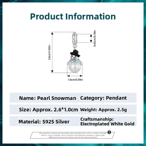 Technical dimensions of S925 silver pearl snowman pendant showing 2.6cm height and 1cm width