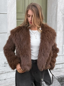 Close-up of the fluffy texture and premium faux fur finish of the brown winter coat