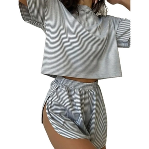 Women's two-piece casual loungewear set with grey and white striped short sleeve crop top and shorts