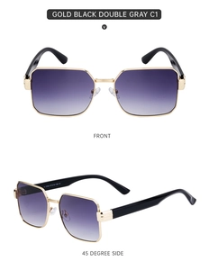Detailed front and side views of gold frame square sunglasses with grey gradient lenses