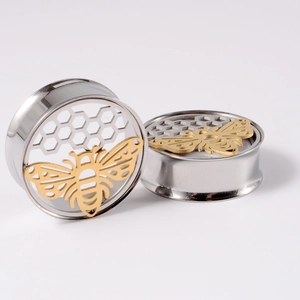 Honey bee and honeycomb ear gauges in gold and silver finish stainless steel