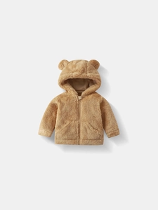 Kids warm brown hooded fleece jacket with cute 3D bear ears and zipper front closure