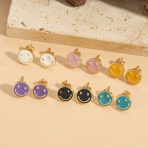 Cute Smiley Face Round Stud Earrings Copper Enamel Colorful Drip Oil Ear Jewelry Minimalist Dopamine Style For Women Girls