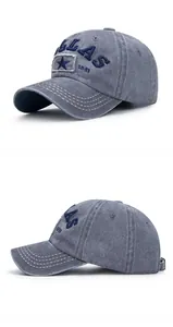 Detail of grey washed denim baseball cap with 3D embroidery and adjustable metal buckle