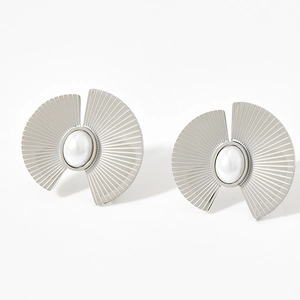 French retro fan-shaped stainless steel earrings with white pearls and radial texture