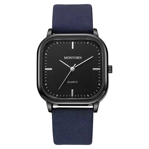 Minimalist square quartz watch with black metal case and deep blue matte leather strap