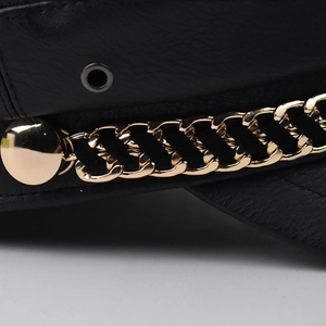 Black PU leather baker boy cap with gold chain detail and textured crocodile pattern