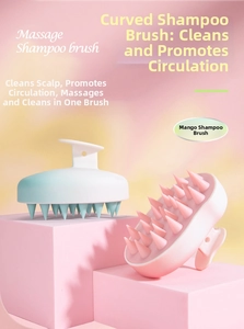 Close-up of curved gradient massage shampoo brushes with ergonomic handles on pink stand