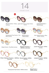 Collage of 14 colored vintage round sunglasses with gold metal temples and pearl accents