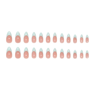 24 unghie finte a mandorla rosa nude con punte French verde menta a pois bianchi