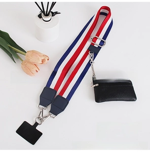 Nylon crossbody phone strap with red white blue stripes and black zipper coin pouch