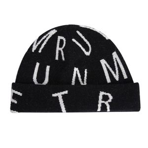 Minimalist black knitted beanie featuring white RUNM ETR letter pattern for women