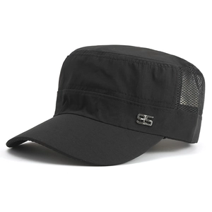 Black breathable mesh cadet cap with flat top and silver 95 metal emblem for sun protection