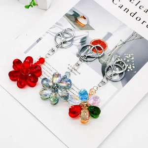 Korean Style Crystal Flower Keychain Cute Bag Charm Colorful Glass Petal Pendant With Metal Lobster Clasp Women Key Ring Accessory