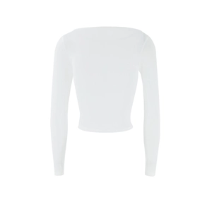 Detailed back view of a sheer white long sleeve off-shoulder mesh top with slim fit cut